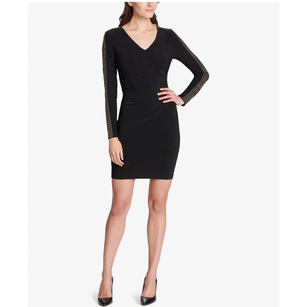 New GUESS Women’s Size 2 Black Studded Sexy BodyCon Ruched Sheath Dress Goth